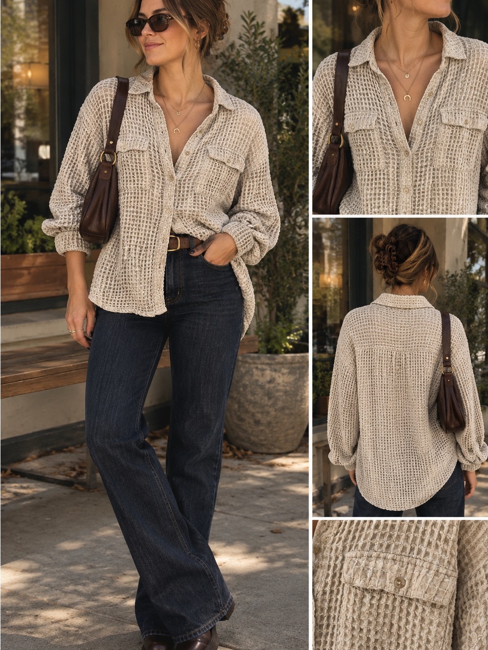 BDG Beige Waffle Knit Button-Down Utility Shirt Cozy Layering Top Minimalist L